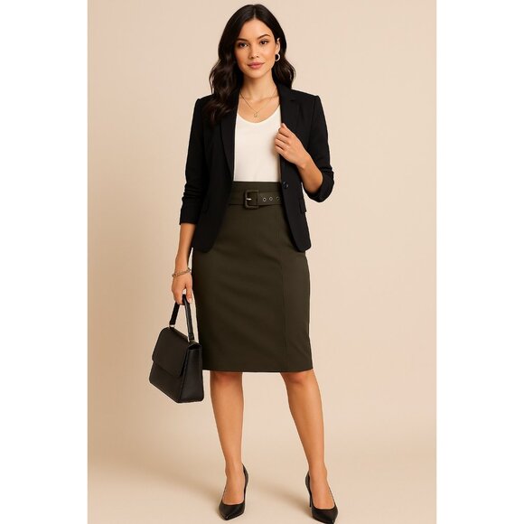 NY&C Size 8 Olive Green Pencil Knee Length Skirt With Belt & Pockets - Picture 3 of 13